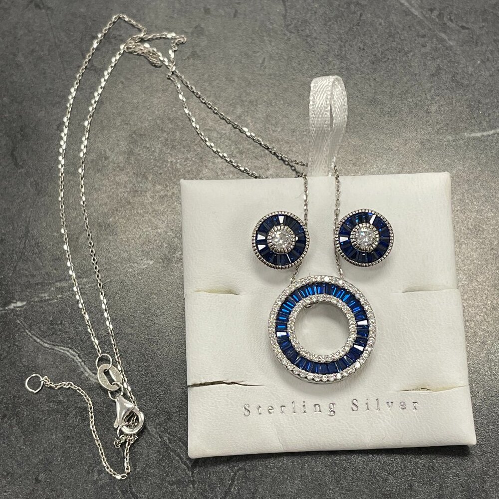 Sterling Silver Blue and White Cubic Zirconia Necklace and Earring Set
